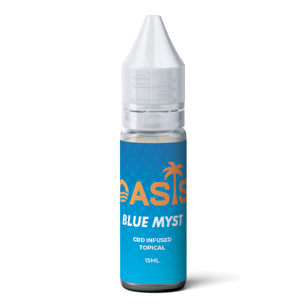 Oasis Blue Myst CBD Juice product image. Oasis Blue Myst CBD Juice in use for relaxation and stress relief.