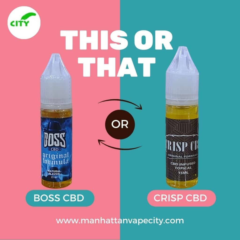 Boss CBD oil bottle with dropper on a wooden table Crisp CBD tincture with fresh hemp leaves Comparison chart showing Boss CBD vs. Crisp CBD benefits Person using Boss CBD for muscle recovery after a workout Relaxing evening with Crisp CBD-infused tea