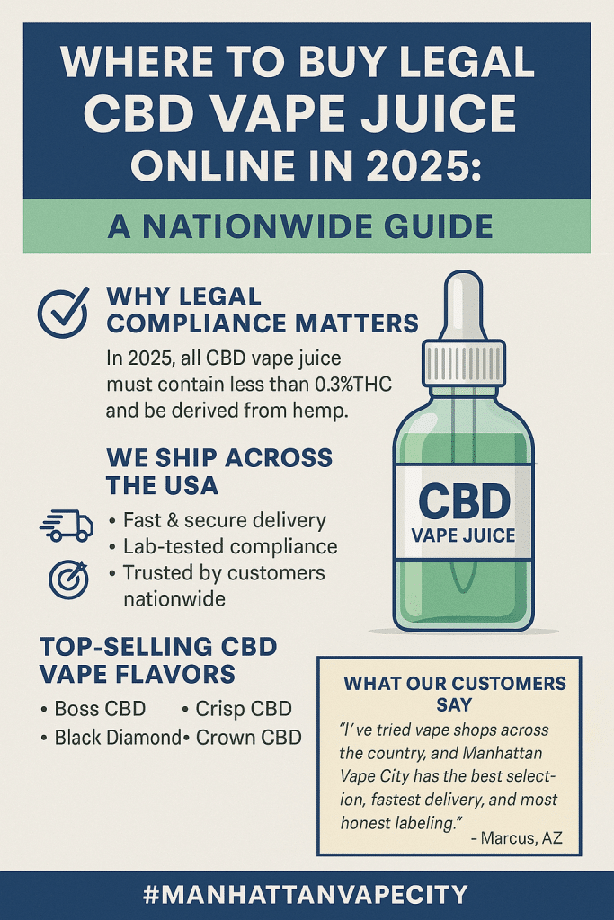 Digital graphic ad showing Manhattan Vape City's CBD vape juice with legal compliance symbols, delivery icons, and nationwide shipping highlights for 2025