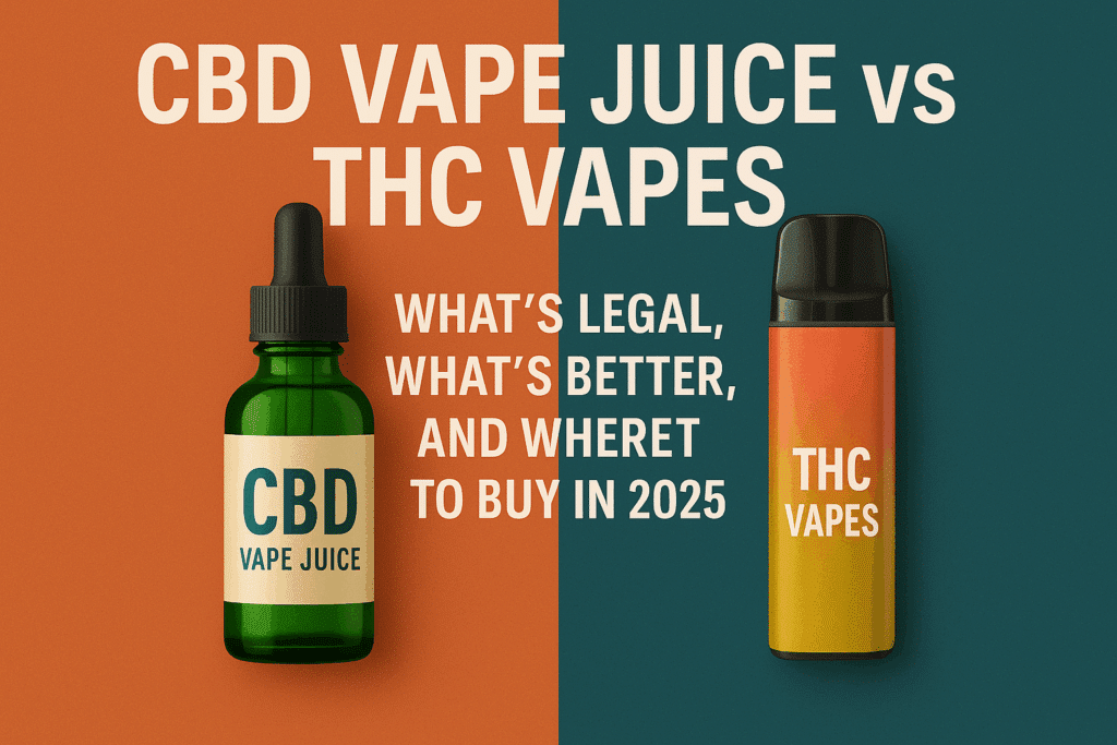 "Comparison between CBD Vape Juice and THC Vapes showing legality, quality, and buying options in 2025"