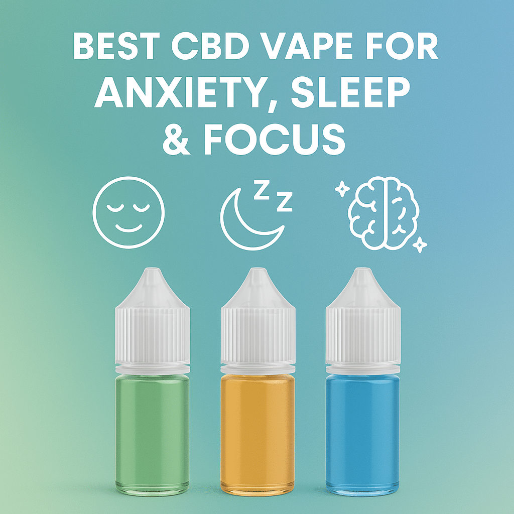 Promotional image for Manhattan Vape City showing three CBD vape bottles labeled for anxiety, sleep, and focus relief with matching icons on a green-to-blue gradient background.