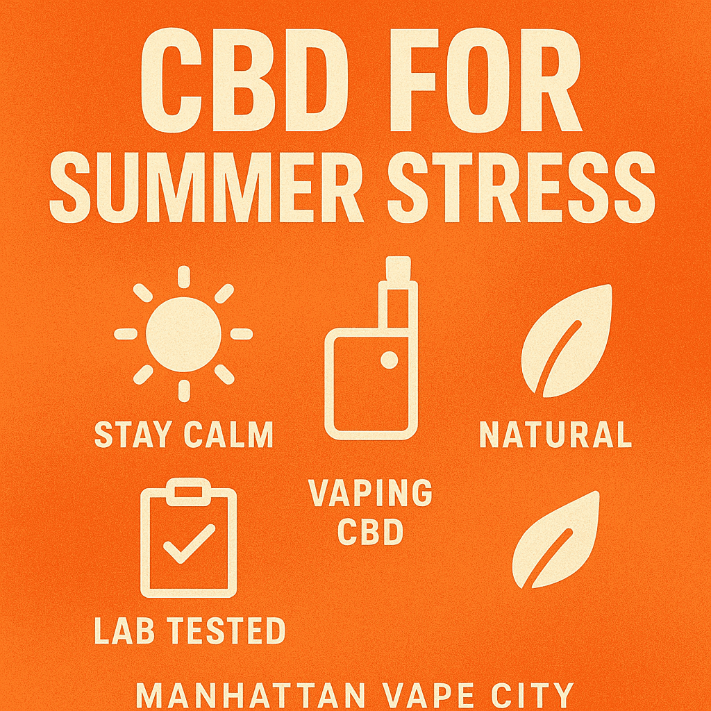 Promotional image titled 'CBD for Summer Stress' by Manhattan Vape City featuring sun, vape, lab-tested, and natural icons on an orange background.