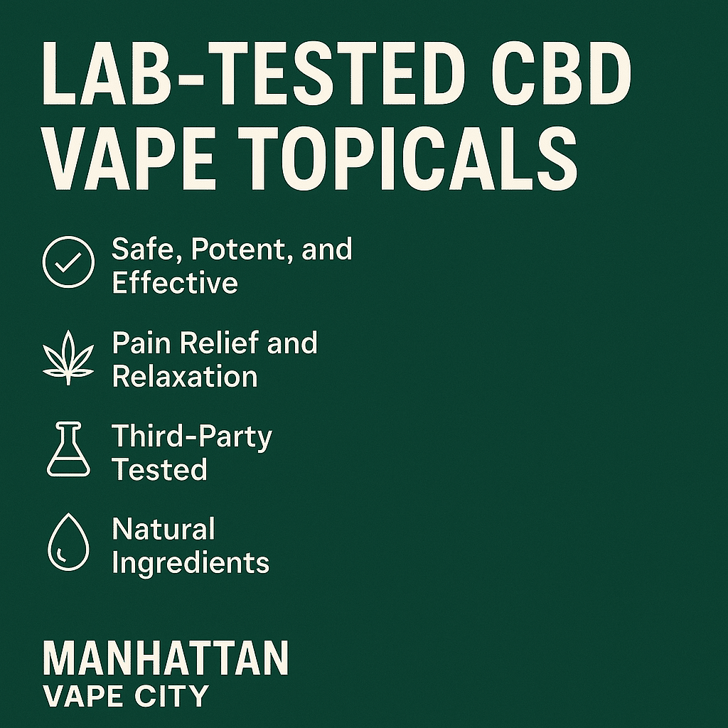 Digital promotional graphic for lab-tested CBD vape topicals by Manhattan Vape City, featuring bold white text on a green background with icons highlighting safety, pain relief, third-party testing, and natural ingredients.